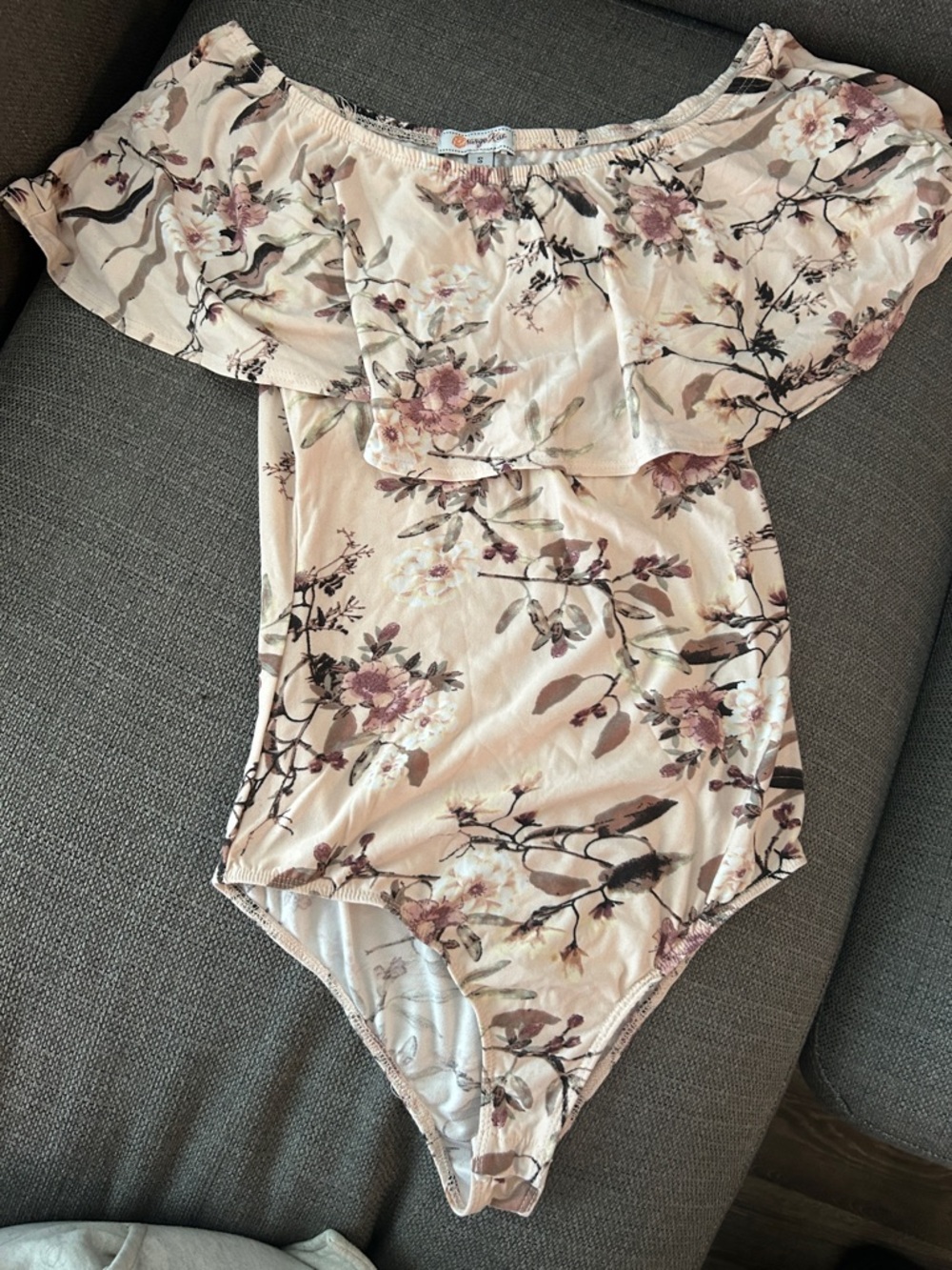 Angel Kiss Floral Off-Shoulder Bodysuit - Blush, Mauve, Brown